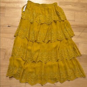 Anthropologie Yellow Tiered Embroidered Skirt